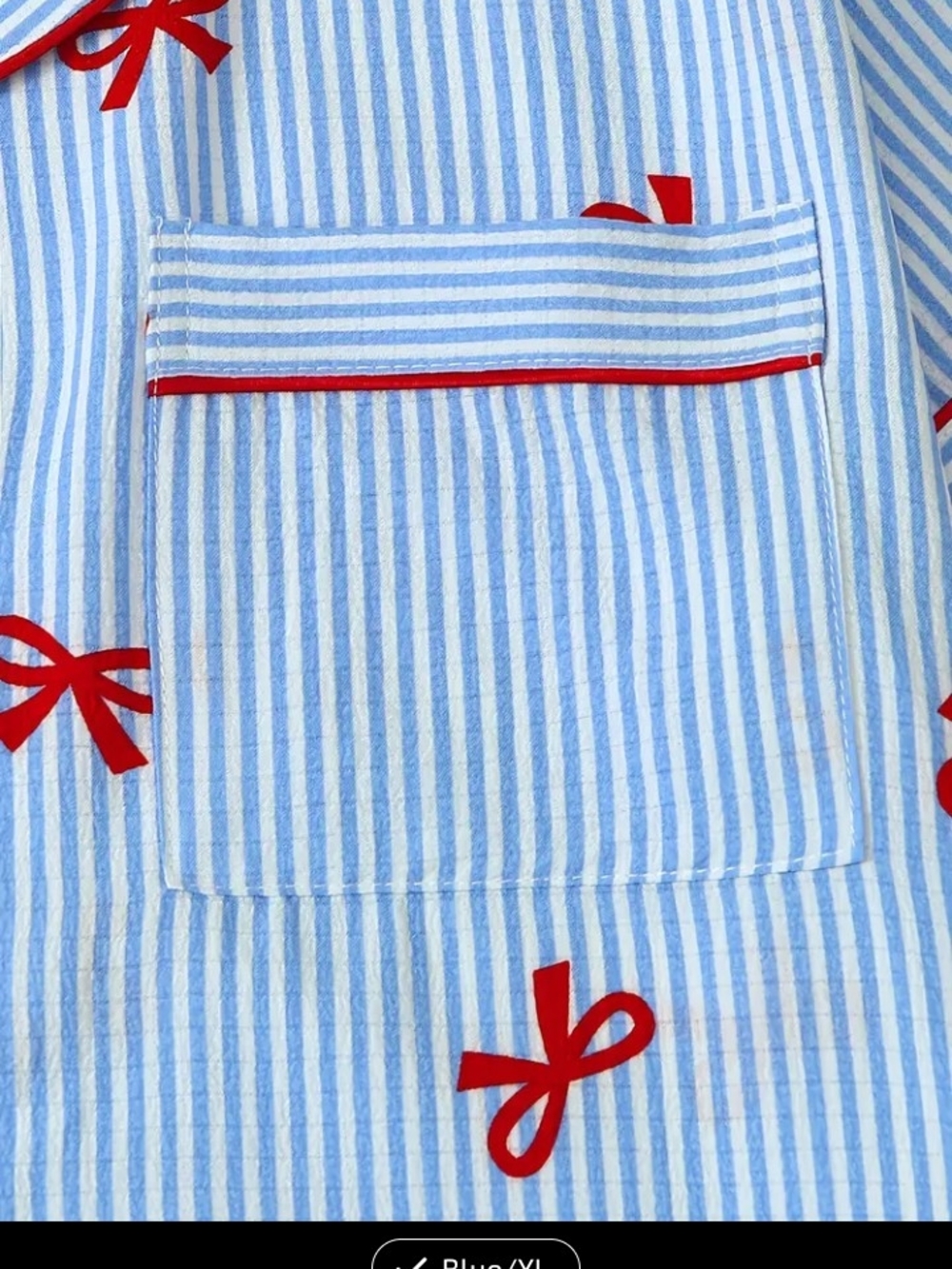 Blue Striped Red Bow Cotton Short Pajama Set - Women - Picture 5 of 6